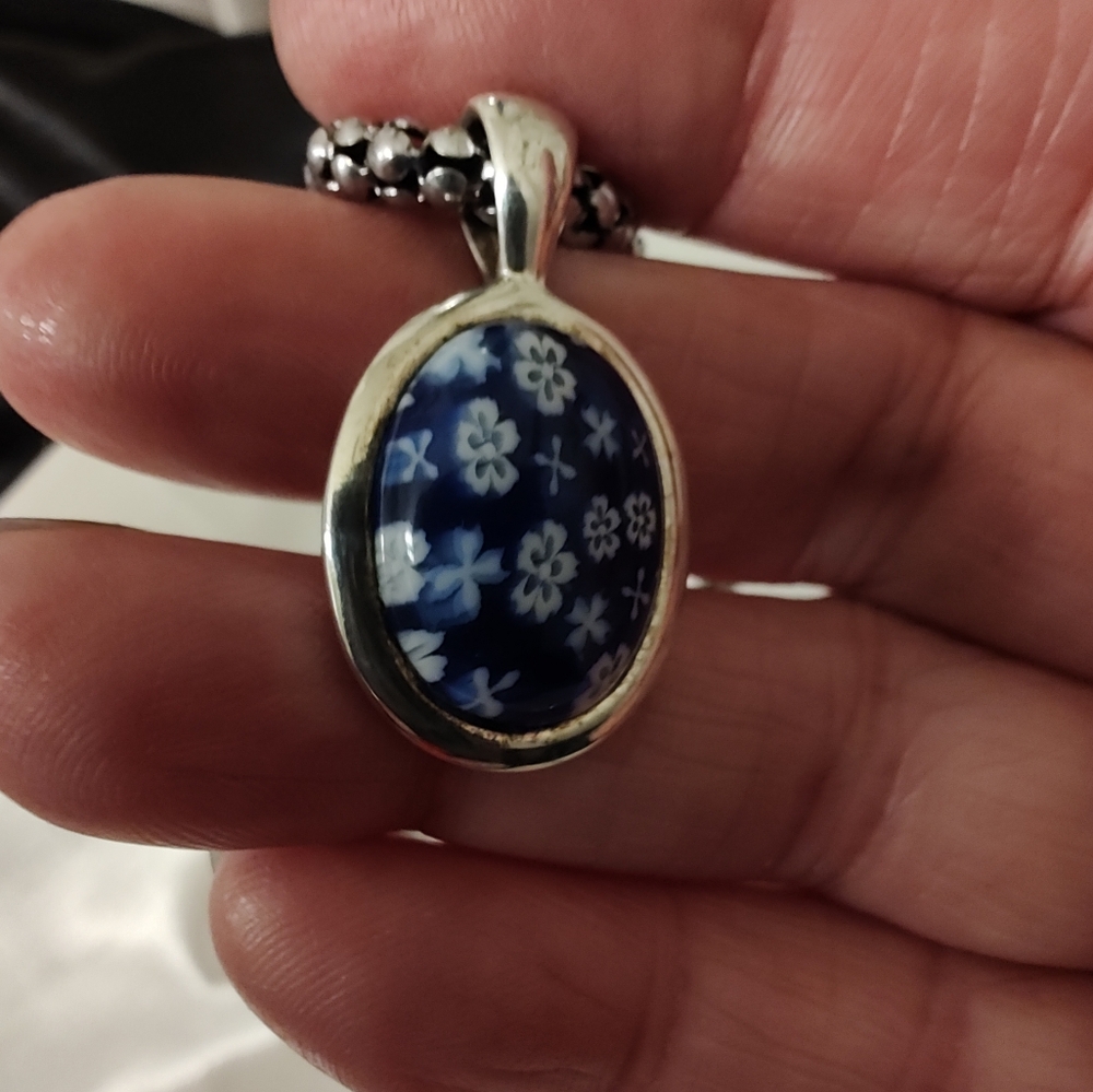 Floral Millfiore Blue & White Silver Tone Pendant With Necklace
